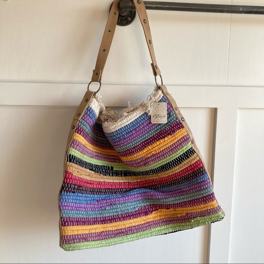 Free People Multicolor Woven Straw Tote with Tan Leather Trim